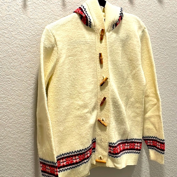 Vintage cream hooded sweater w red & blue detail womens medium ☀️✨🌻 - Picture 1 of 8
